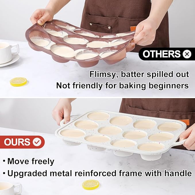 CAKETIME Silicone Muffin Pan with Metal Frame, Metal Reinforced Frame Regular Size Cupcake Pan with Handle 12 Cups Nonstick Muffin Pan for Baking BPA Free 2 Pack