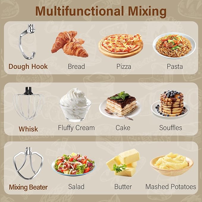 Stand Mixer，3-In-1 10-Speed 660W 5.5QT Tilt-Head Food Mixer， Electric Mixer with Bowl, Dough Hook, Whisk and Beater，Kitchen Mixer for Baking, Cake and Most Home Cooks, Beige