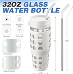 MUKOKO 32 oz Glass Tumbler with Straw,Glass Water Bottles with Time Marker,Iced Coffee Cup with 2 Lids-Handle Spout Lid&Straw Lid,Silicone Sleeve,Leakproof,1 Pack-White