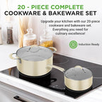 NutriChef 20-Piece Non-Stick Bakeware and Cookware Set - Utensils Including Pots and Baking Pans Made with Durable Aluminum, Tempered Glass Lids, Heat-Resistant Utensils, Easy-Clean Design (White)