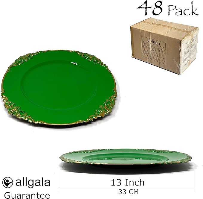 allgala Heavy Quality Round Charger Plates - Chargers for Dinner Plates - Set of Charger Plates for Table Decor - Ideal for Weddings, Thanksgiving Parties & Holidays - Floral Green (13-Inch 48-Pack)