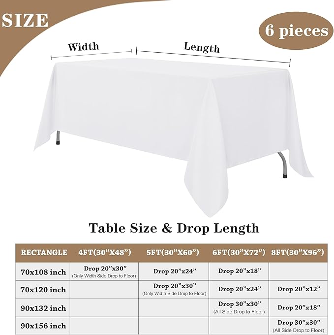 Fitable White Rectangle Tablecloths for 6 Foot Tables, 6 Pack - 70 x 108 Inches - Stain Resistant and Washable Table Clothes, Polyester Fabric Table Covers for Wedding, Party, Banquet, Buffect