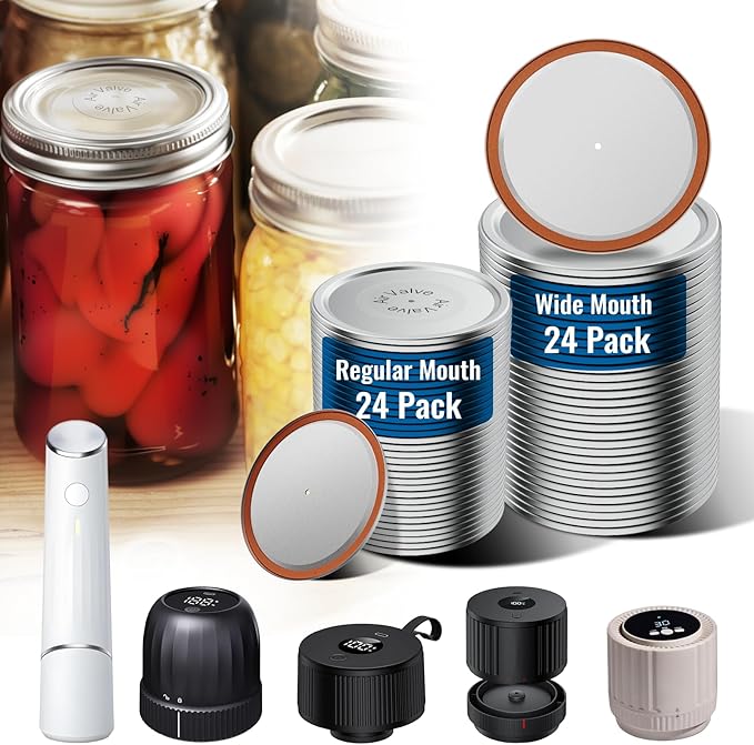 Mason Jar Lids 48 Pack: 24 Wide Mouth + 24 Regular Mouth Canning Lids, Vacuum Seal Food-Grade Canning Supplies Compatible with Electric Vacuum Sealers