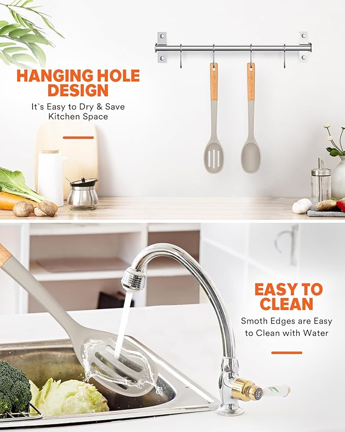 Silicone Cooking Spoons, Great for Scooping Sides and Serving Hearty Stews, BPA-Free Matte Silicone, Wooden Handle Serving Spoon for Nonstick Cooking Surfaces (Khaki)