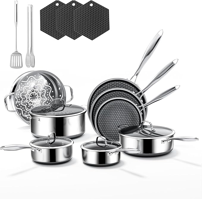 17-Piece 5 Ply Stainless Steel Cookware Set with Lids, Pots and Pans Set Non Stick, Non-Toxic, for Induction, Oven, Dishwasher Safe, RV Essentials, Kitchen Appliances