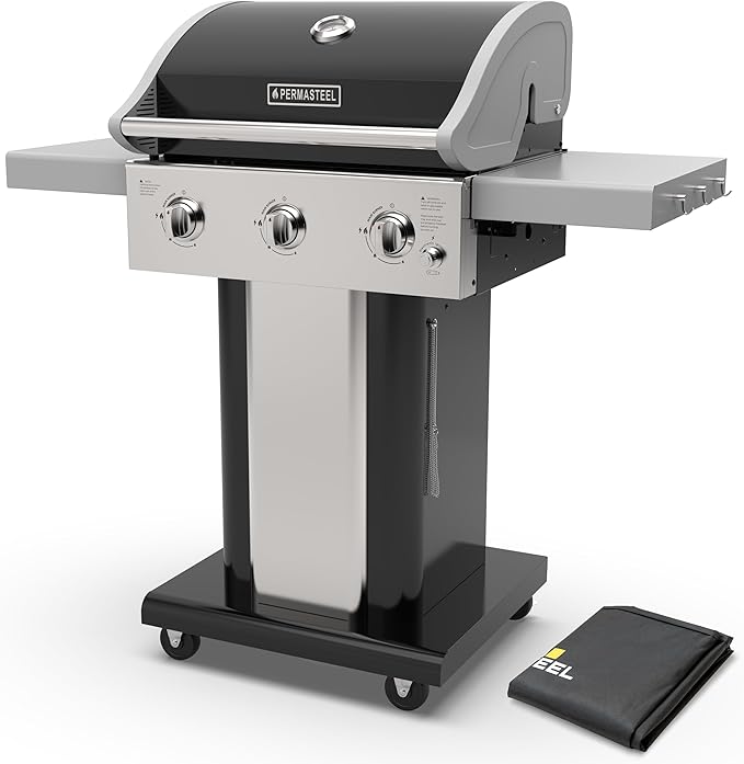 Permasteel 3-Burner Propane Gas Grill, 30,000 BTUs BBQ Grill with Cast Iron Grates, Foldable Side Tables & Tool Hooks, Outdoor Grill, Black + Bonus Cover