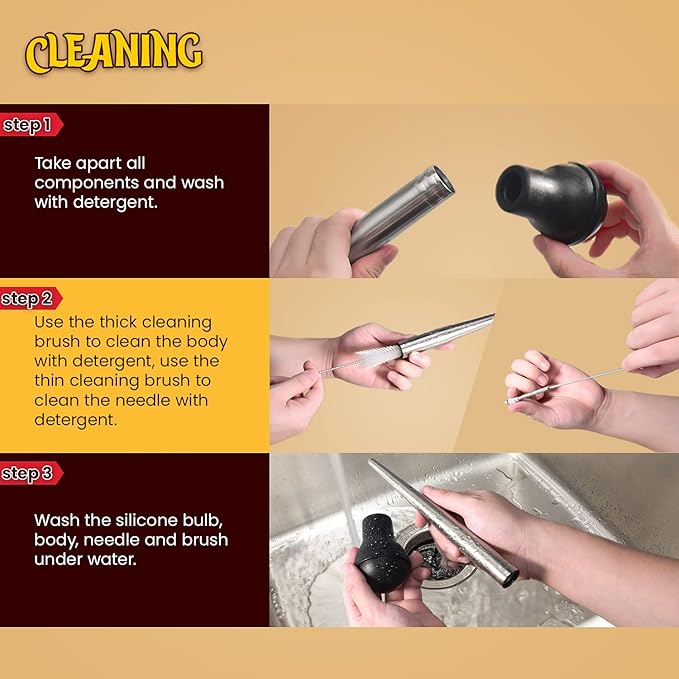 Turkey Baster, Stainless Steel Baster for Cooking with Marinade Injectors Syringe, Basting Brush, Thick Cleaning Brush & Thin Cleaning Brush