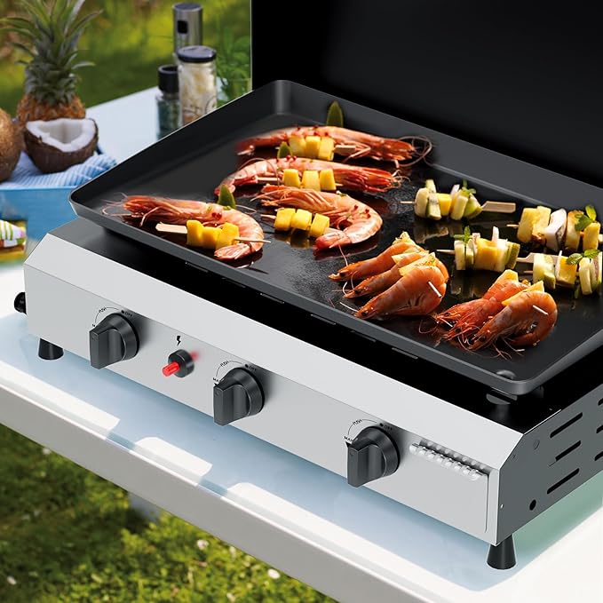 3 Burner BBQ Gas Griddle with Hood, 25.6 Inch Stainless Steel Portable Detachable Propane Griddle, 45,000 BTU Flat Top Grill with Lid for Camping, Silver