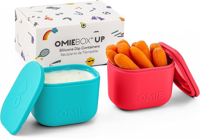 OmieBox UP (2 pack) Leakproof Dips Containers To Go, Salad Dressing Container, Condiment Container with Lids - Food Safe Silicone - 4.5 ounces (Pink/Teal)
