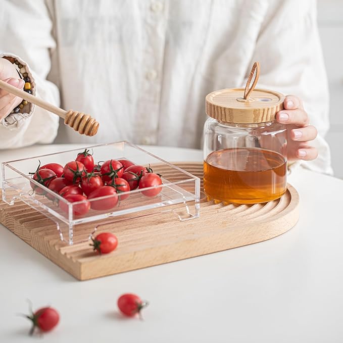 No Drip 18oz Glass Honey Jars with Wooden Dipper & Airtight Lid, Leakproof Kitchen Storage for Raw Honey Pot with Stick