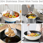 FJNATINH 6-Pieces 304 Stainless Steel Wok Spatula Set,Cooking Utensil Set,Soup Ladle Colander,Nonstick Kitchen Cooking Utensils Set with Spatula,Kitchenware Tools