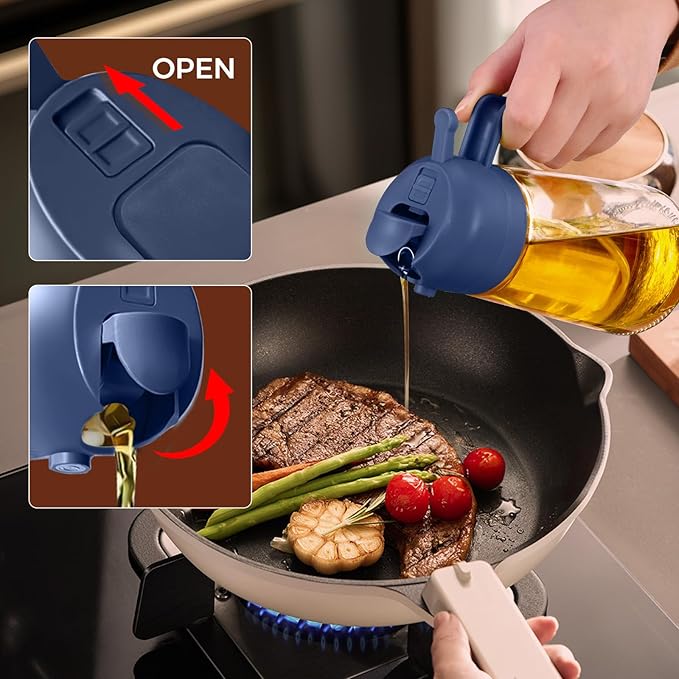 YARRAMATE 16oz/470ml Glass Olive Oil Sprayer for Cooking with Stickers, 2 in 1 Oil Dispenser for Kitchen Gadgets, Food Grade Premium Spray Bottle with Portion Control for Salad, BBQ (Navy)