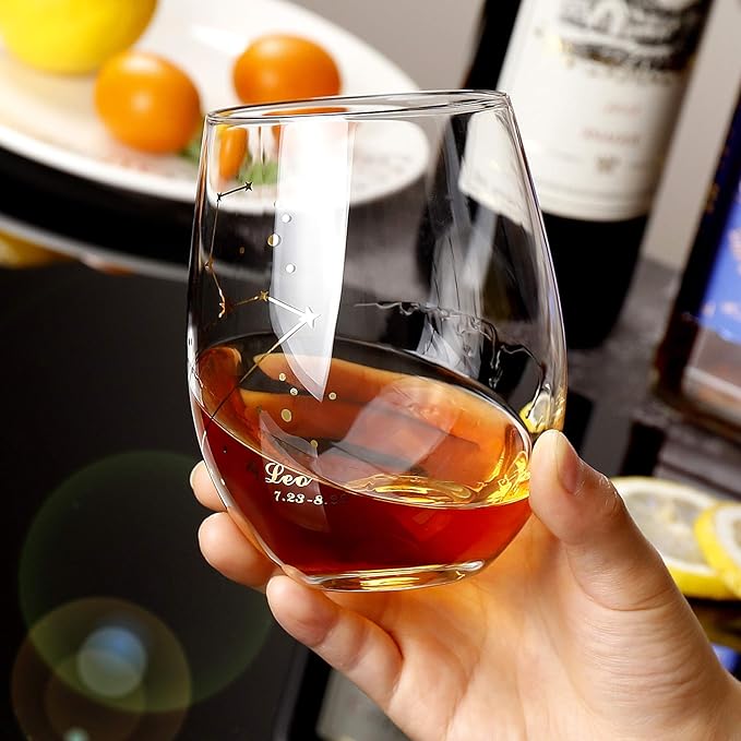 HOHY Leo Wine Glass - Stemless, 20oz Golden, Zodiac Constellation Glass, Horoscope Gift for Women & Men