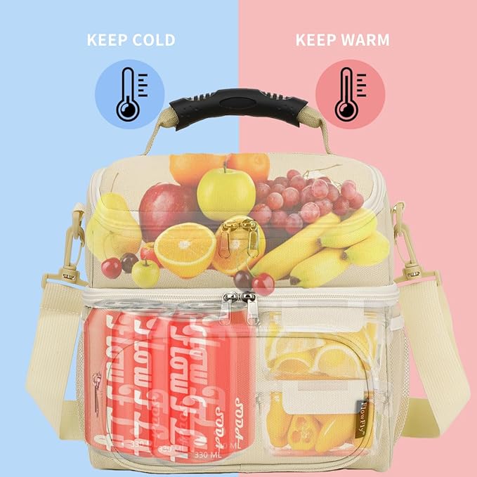 FlowFly Double Layer Cooler Insulated Lunch Bag Adult Lunch Box Large Tote Bag for Men, Women, With Adjustable Strap,Front Pocket and Dual Large Mesh Side Pockets