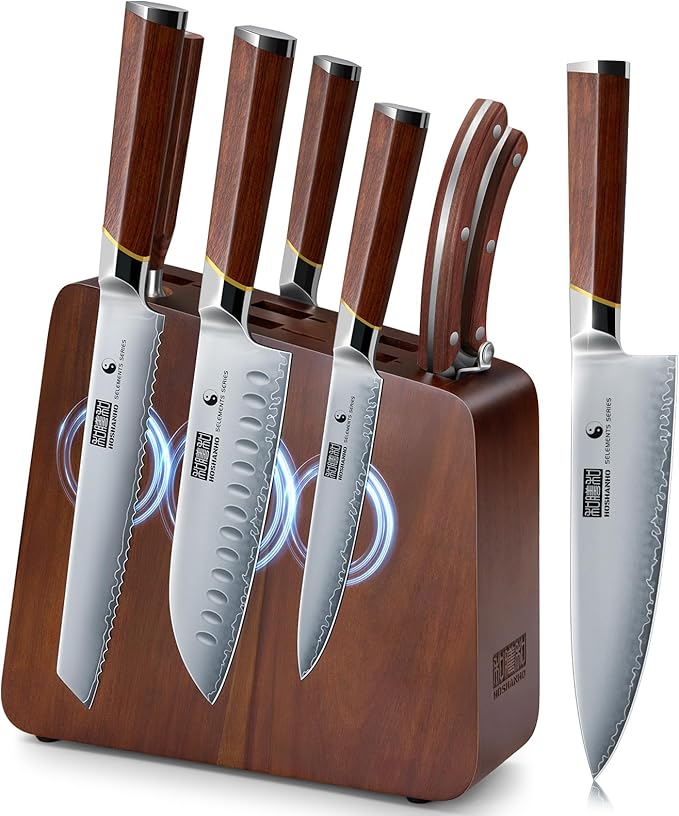 8 Pieces Knife Set with Magnetic Block, Ultra-Sharp High-carbon Steel Kitchen Knife Set, Professional Knife Block Set with Ergonomic Wooden Handle & Sharpener