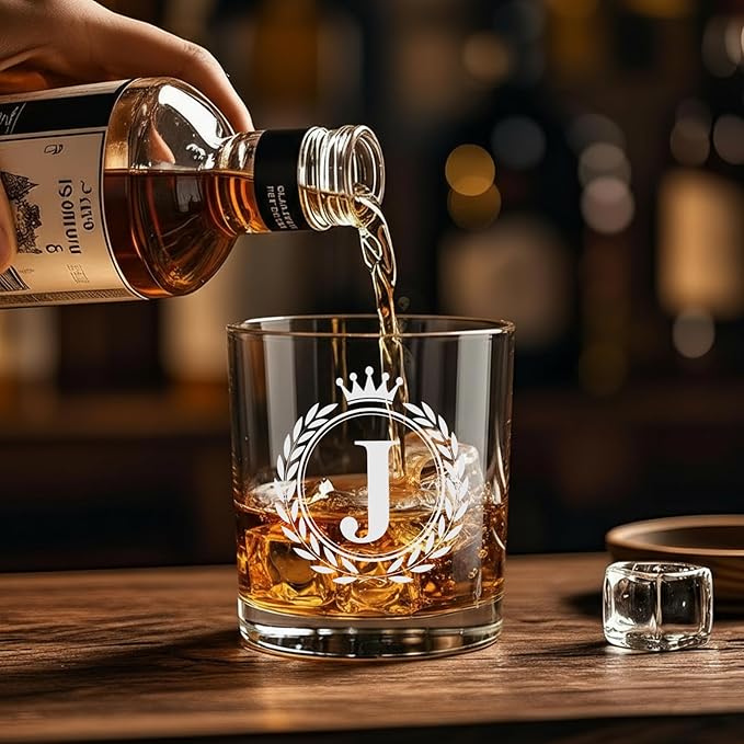 Whiskey Glasses - Rocks Old Fashioned Glass Gifts for Men, Monogrammed A-Z 10oz Personalized Whisky Glasses, Christmas Birthday Gifts for Men Him Dad Father Husband Brother Son (J)