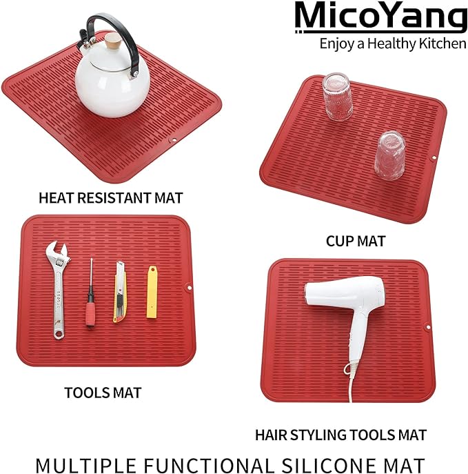 Silicone Dish Drying Mat for Multiple Usage,Easy clean,Eco-friendly,Heat-resistant Silicone Mat for Kitchen Counter or Sink,Refrigerator or Drawer Liner Red XL 18 inches x 16 inches