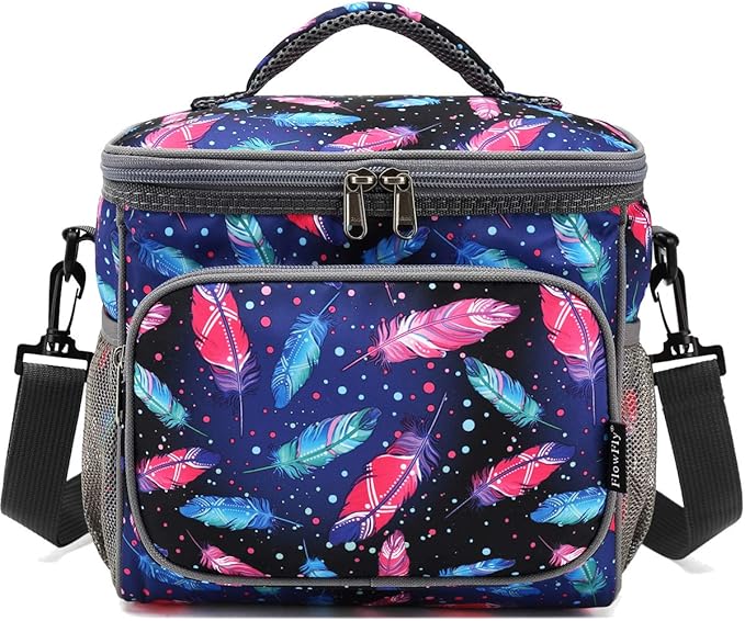 FlowFly Insulated Reusable Lunch Bag Adult Large Lunch Box for Women and Men with Adjustable Shoulder Strap,Front Zipper Pocket and Dual Large Mesh Side Pockets,Feather