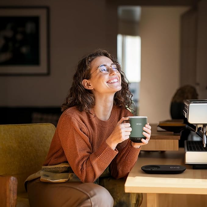 Temperature Control Smart Mug, Self Heating Coffee Mug LED Display, 180 Min Battery Life - Hot up to 149℉ Fast Wireless Charger Base Improved Design (12oz, Blue Grey)