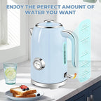 SUSTEAS Electric Kettle - 57oz Hot Tea Kettle Water Boiler with Thermometer, 1500W Fast Heating Stainless Steel Tea Pot, Cordless with LED Indicator, Auto Shut-Off & Boil Dry Protection, Blue