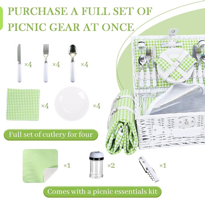 Neti Neti Wicker Picnic Basket for 4 with Insulated Cooler & Waterproof Blanket - Handwoven Luxury Outdoor Set with Ceramic Plates, Perfect for Beach, Camping & Romantic Getaways