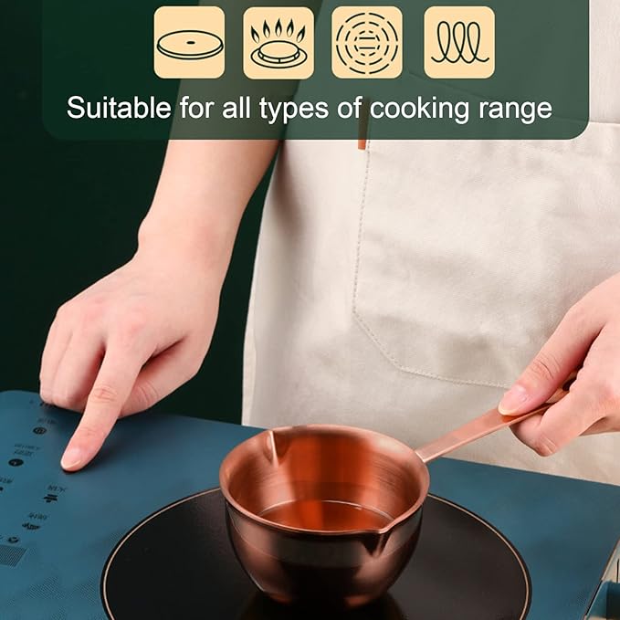 Mini Butter Warmer, 6.7oz/200ml Stainless Steel Mini Butter Warmer Coffee Milk Warmer Pot with Dual Pour Spouts Small Saucepan Chocolate Melting Pot (Rose Gold)