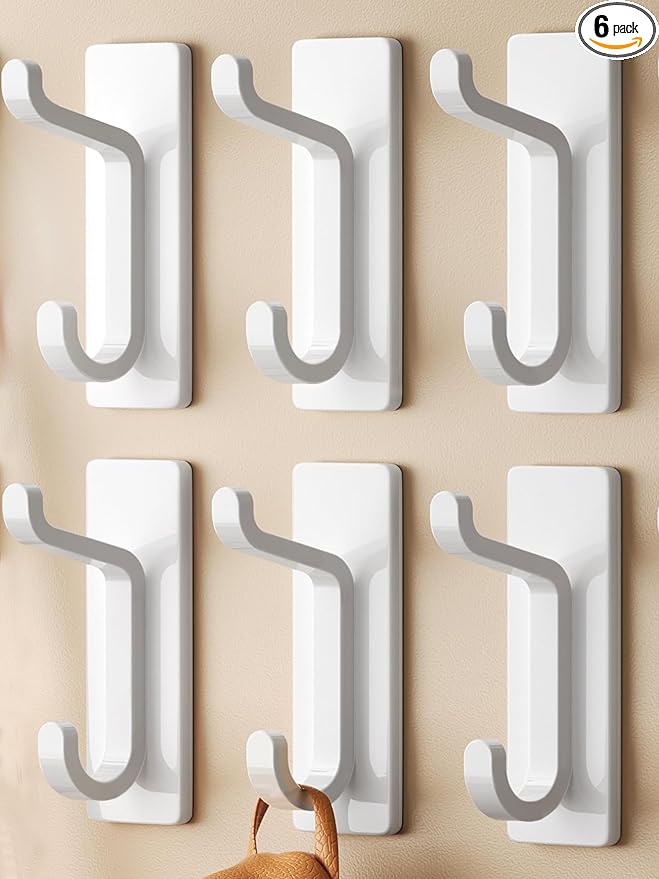 Self Adhesive Wall Hooks for Hanging: Extra Strong 13 LB, Hook for Coat, Towel in Bathrooms, Shower, Kitchen, Wall, Door Hook, White 6 Pack