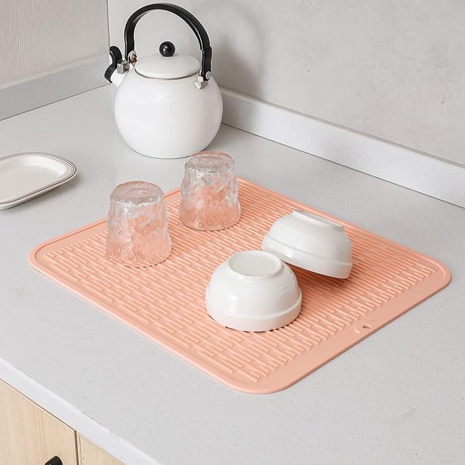 Silicone Dish Drying Mat for Multiple Usage,Easy clean,Eco-friendly,Heat-resistant Silicone Mat for Kitchen Counter or Sink,Refrigerator or Drawer Liner Pink 2XL 24 inches x 18 inches