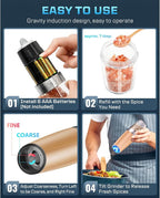 XinXu Gravity Electric Salt and Pepper Grinder Set, Automatic Mill Grinder Shaker,Battery-Operated, Adjustable Coarseness, Stainless Steel, LED Light, One Hand Operated,Wood Grain