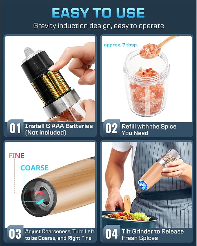 XinXu Gravity Electric Salt and Pepper Grinder Set, Automatic Mill Grinder Shaker,Battery-Operated, Adjustable Coarseness, Stainless Steel, LED Light, One Hand Operated,Wood Grain
