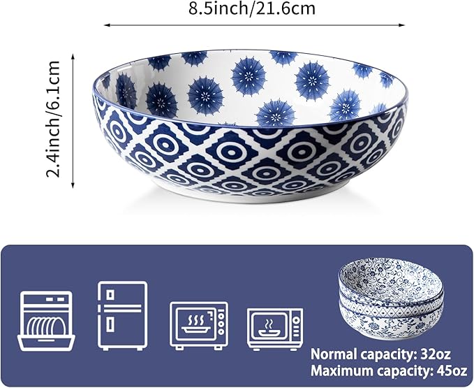 Ceramic Large Pasta Bowls - 45 OZ Salad Bowls 8 inch Wide Serving Bowls for Soup Dessert Noodle Dinner Fruit Bowls - Microwave Dishwasher Safe - Set of 4 - Vintage Blue