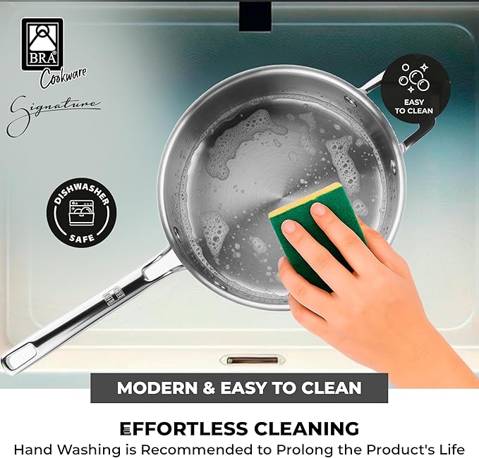 BRA COOKWARE Signature Sauté Pan w/Glass Lid | 11 inches - 4 quarts Professional Low Casserole | Stainless Steel Sauté Pan | All Stovetop Compatible - Full Induction | PFOA Free | Polished Finish