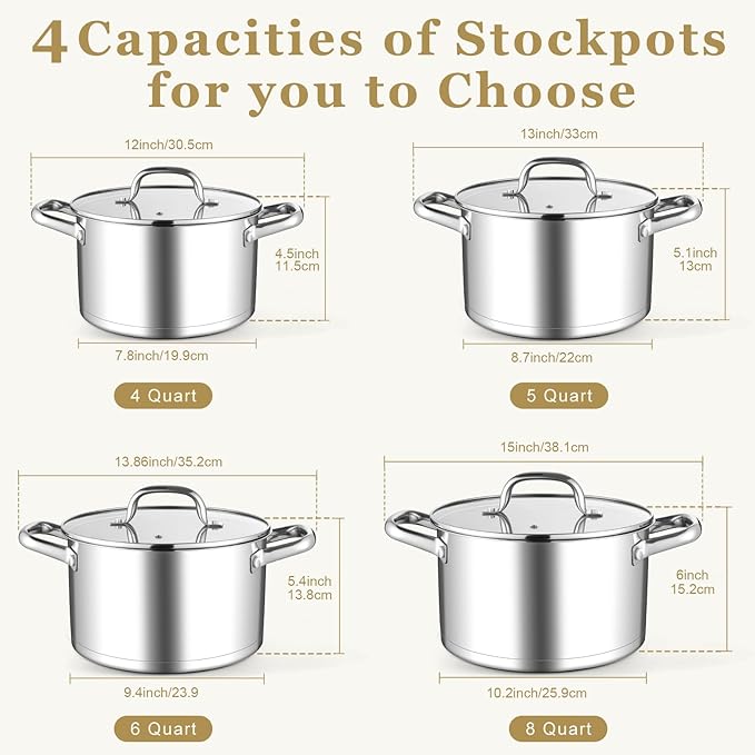 Leonyo 5 Quart Stock Pot with Lid, 18/10 3-ply Stainless Steel Stockpot for Induction Ceramic Gas Stoves, Heavy Duty Cooking Pot for Canning, Boiling, Simmering, Cooking Pot for Pasta, Soup, Spaghetti