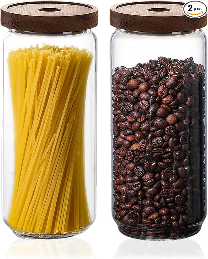 Glass Jars with Airtight Wood Lids - 34 oz Large Kitchen and Pantry Storage Containers, Canisters for Spaghetti, Noodles, Pasta, Ground Coffee, Sugar, Cereal, Set of 2