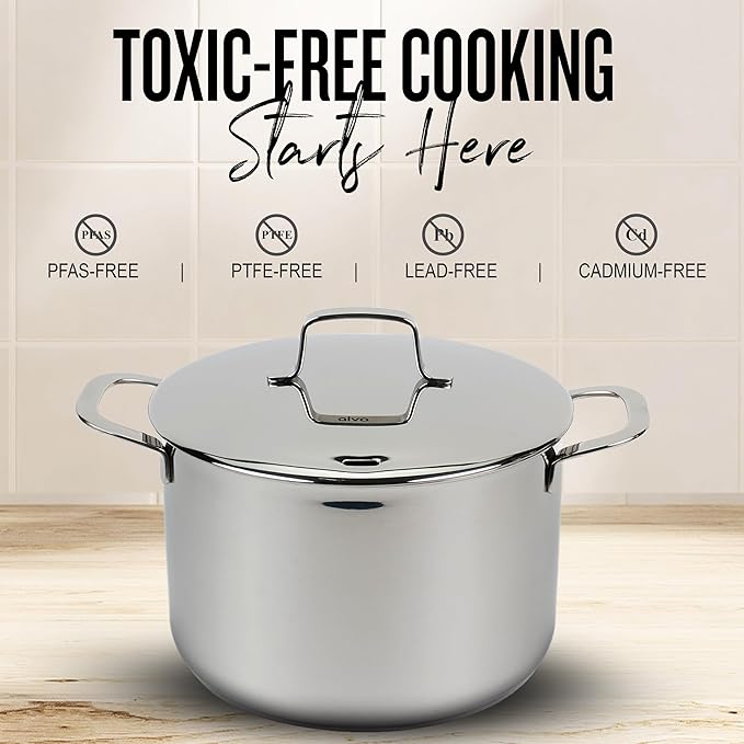 Alva Maestro 4Qt Stainless Steel Stock Pot with Lid – Professional Grade 18/10 Steel – Induction & Oven Safe, Even-Heat Aluminum Core, Non-Toxic & Rust Resistant, Dishwasher Safe, Measurement Marks