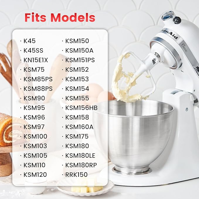 K45B Coated Flat Beater for KitchenAid 4.5-5 Qt Tilt-Head Mixer Attachments for Kitchen Aid Paddle Attachment, White