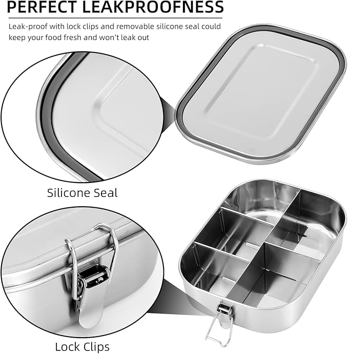 UPTRUST Stainless Steel Bento Lunch Food Box Container, 5-Compartment Large 1400ML Metal Bento Lunch Box Container for Kids or Adults with Lockable Clips to Leak Proof