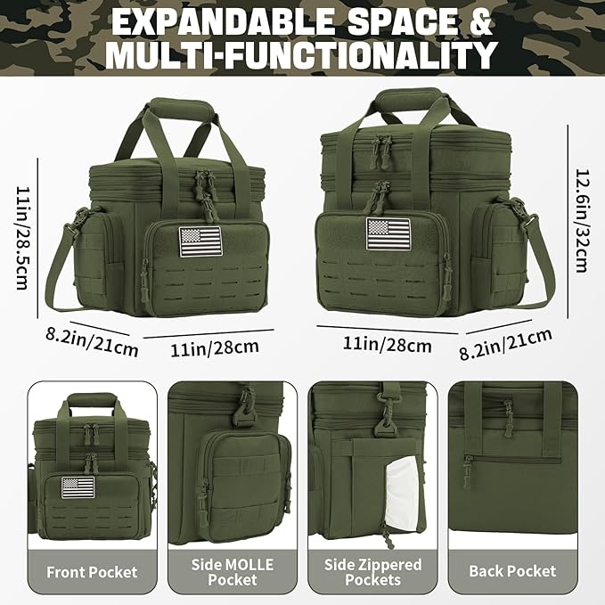 QT&QY Tactical Lunch Box for Men Expandable 18L Heavy Duty Military Insulated Cooler Bag, Leakproof Thermal Lunch Bag for Work Camping Outdoor Picnic Pail Adult Meal MOLLE Webbing Green