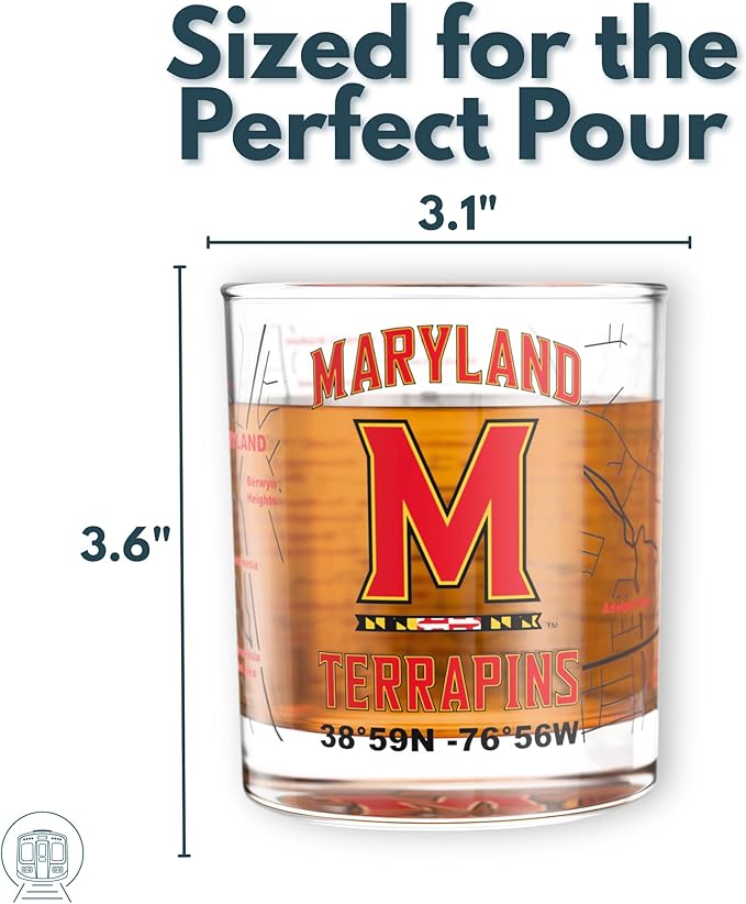 Greenline Goods – University of Maryland Terrapins College Whiskey Glasses (Set of 2), 10 oz – Full-Color Logo + Campus Map