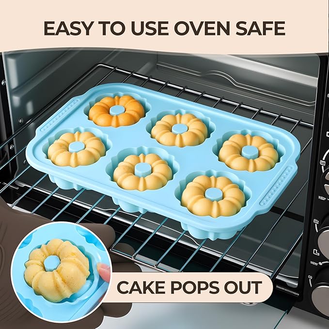 Mini Fluted Tube Cake Pans for Baking with Metal Reinforced Frame, 2Pcs Silicone 6-Cavity Mini Flan Molds, Nonstick Baking Mold for Cupcake, Brownie, Donuts, Cornbread, Jello