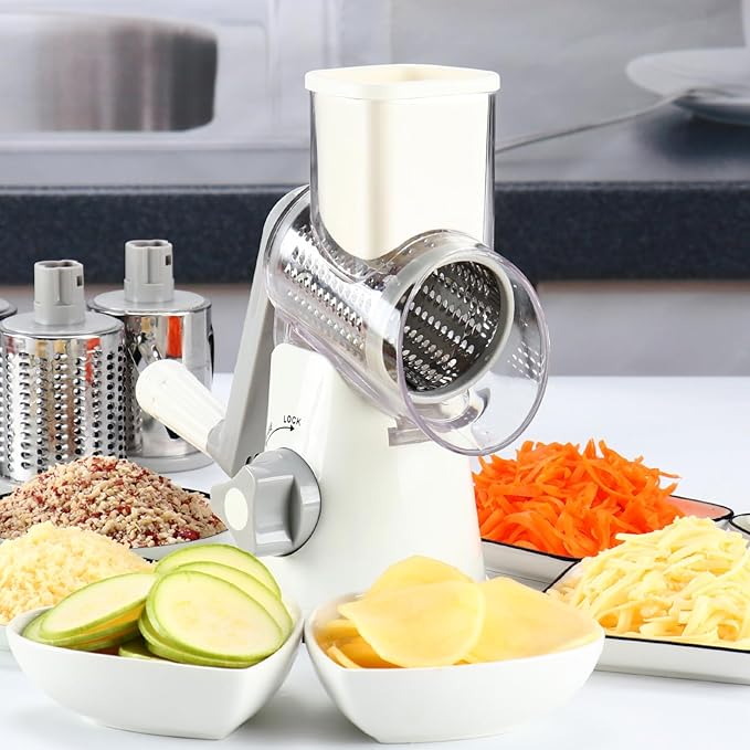 Cambom Rotary Cheese Grater Hand Crank Cheese Shredder for Fresh Cheese, Vegetable, Nuts,Non-slip Suction Base, Free Cleaning Brush Three Blades, White