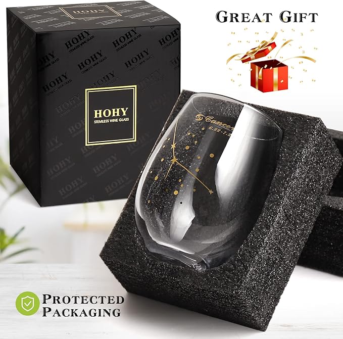 HOHY Cancer Stemless Wine Glass 20 Oz, Cancer Constellation Wine Glass Golden, Zodiac Gifts June Birthday Gifts for Women