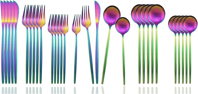 JASHII Flatware Silverware Set Stainless Steel Satin Finish Cutlery Set Service for 6, 30-Piece Spoons And Forks Kitchen Utensil Set, Dishwasher Safe (Matte Rainbow)