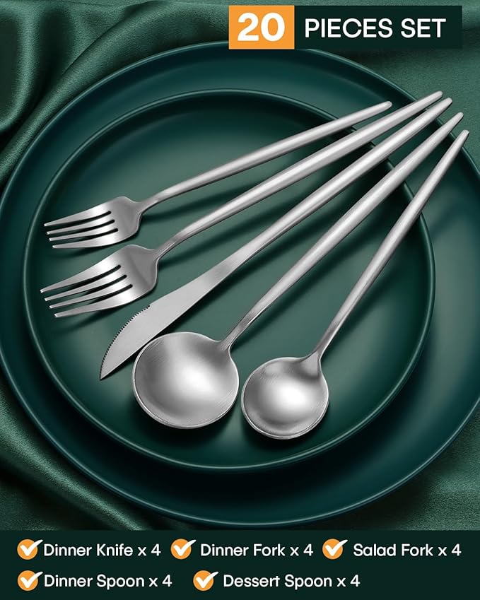 EUIRIO 20-Piece Matte Silverware Set, Modern Flatware Set for 4, Premium Stainless Steel Cutlery Set with Forks Spoons and Knives, Heavy Duty Utensil Sets, Dishwasher Safe