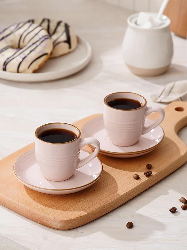 famiware Jupiter Espresso Cups and Saucers Set of 4, 3 oz Ceramic Small Coffee Mug with Handle, Spiral Stoneware Demitasse Cup for Tea, Latte, Cafe - Microwave & Dishwasher Safe, Light Pink