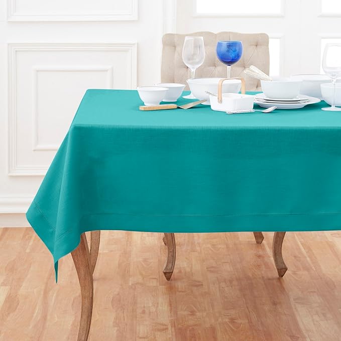 Solino Home Linen Tablecloth 60 x 156 Inch - Classic Hemstitch 100% Pure Linen Teal Table Cloth for Rectangle Tables - Machine Washable Tablecloth for Fall, Autumn