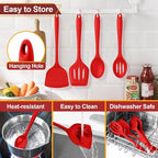 P&P CHEF Kitchen Utensil Set, 4 Pieces Non-stick Silicone Cooking Utensils, Heat-resistant Slotted Solid Spoon Turner for Frying, Mixing, Serving, Non-toxic & Easy to Clean, Red