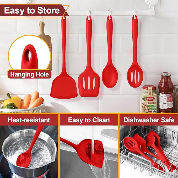 P&P CHEF Kitchen Utensil Set, 4 Pieces Non-stick Silicone Cooking Utensils, Heat-resistant Slotted Solid Spoon Turner for Frying, Mixing, Serving, Non-toxic & Easy to Clean, Red