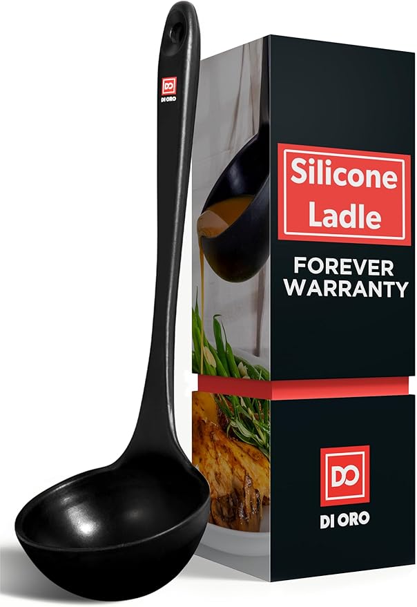 DI ORO Silicone Ladle – Soup Ladle for Cooking & Serving Heat-Resistant - Large Kitchen Soup Ladle Nonstick Cookware Safe - Soup Serving Spoon with Wide Bowl - Silicone Utensil Dishwasher Safe (Black)