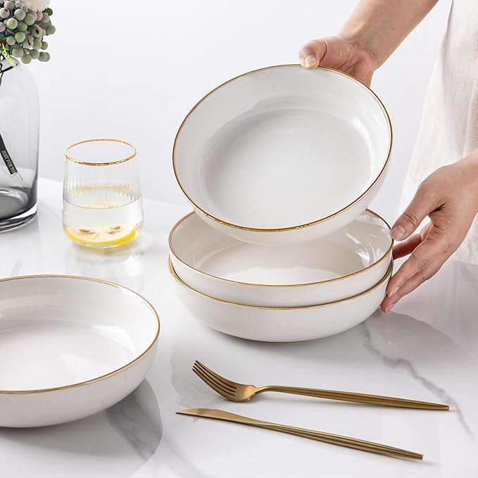 GBHOME 9'' Large Ceramic Pasta Bowls, 38oz Stoneware Pasta Serving Bowls Set of 4 for Kitchen, Wide Bowls for Fruit,Pasta,Salad,Oatmeal,Meal, Microwave Safe, Reactive Glaze-Pear White